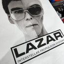 Person wearing sunglasses with a 'Lazar Interstellar Propulsion Systems' logo in the corner.