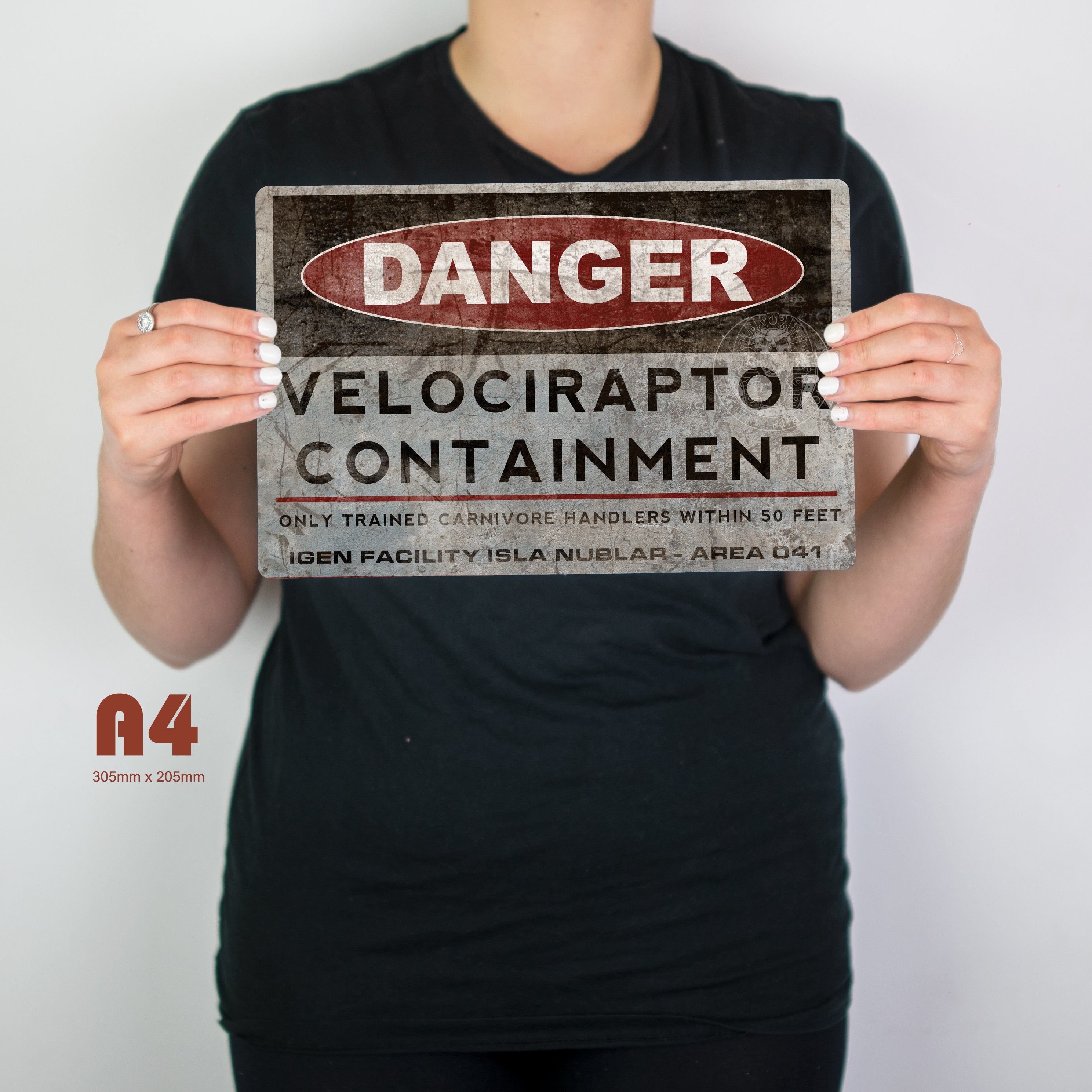 Jurassic World Danger Velociraptor Containment Sign A4 Metal Plaque