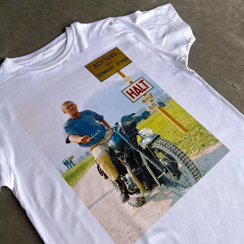 Steve McQueen The Great Escape Motorbike T Shirt - Digital Pharaoh UK